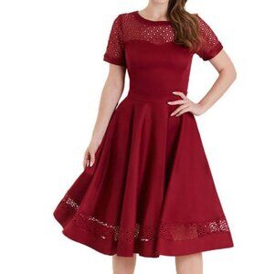 🍷 1950’s Retro Burgundy Pin-up Lace Cotton Midi Swing Dress Size XL Vintage